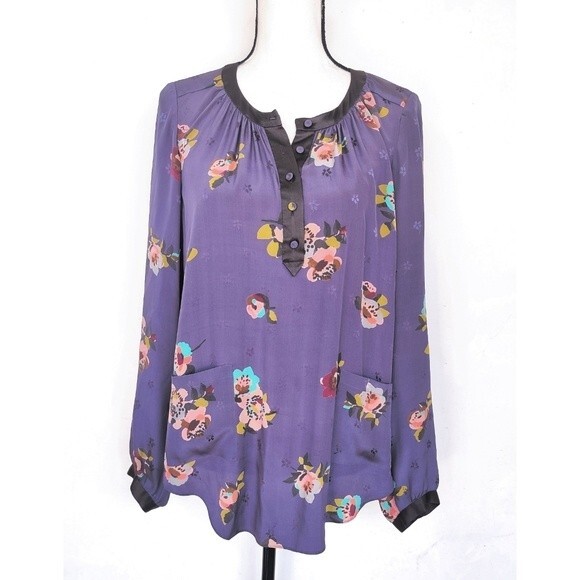 Rebecca Taylor Purple Silk Floral Shirt Long Sleeve Size 10 - Picture 1 of 11